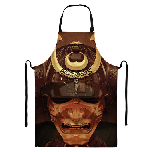 Old Japanese Samurai Mask Print Bib Apron With Pocket