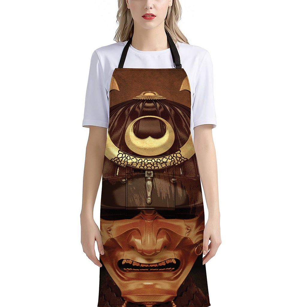 Old Japanese Samurai Mask Print Bib Apron With Pocket