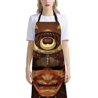 Old Japanese Samurai Mask Print Bib Apron With Pocket
