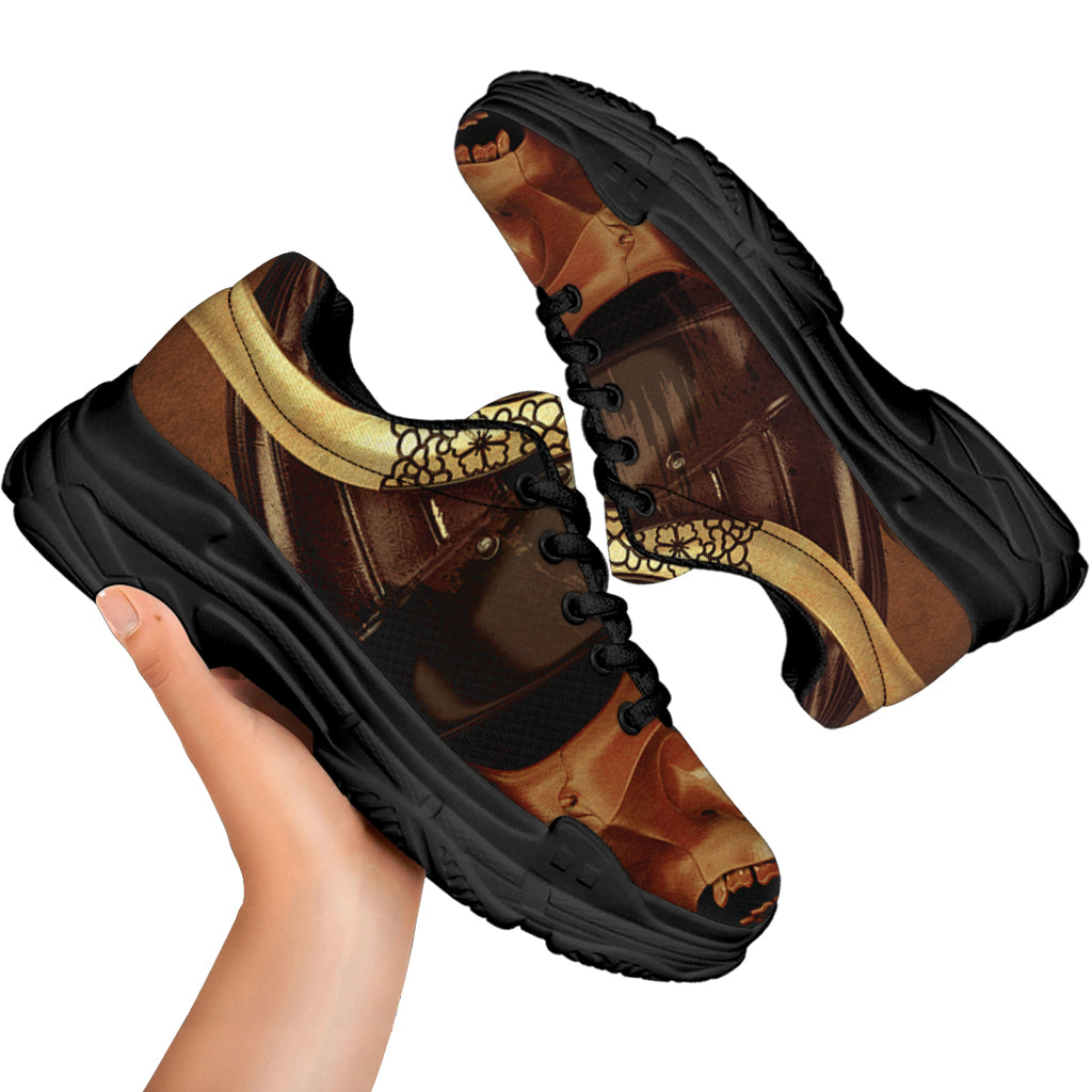 Old Japanese Samurai Mask Print Black Chunky Shoes