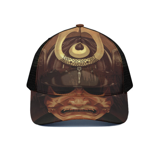 Old Japanese Samurai Mask Print Black Mesh Trucker Cap