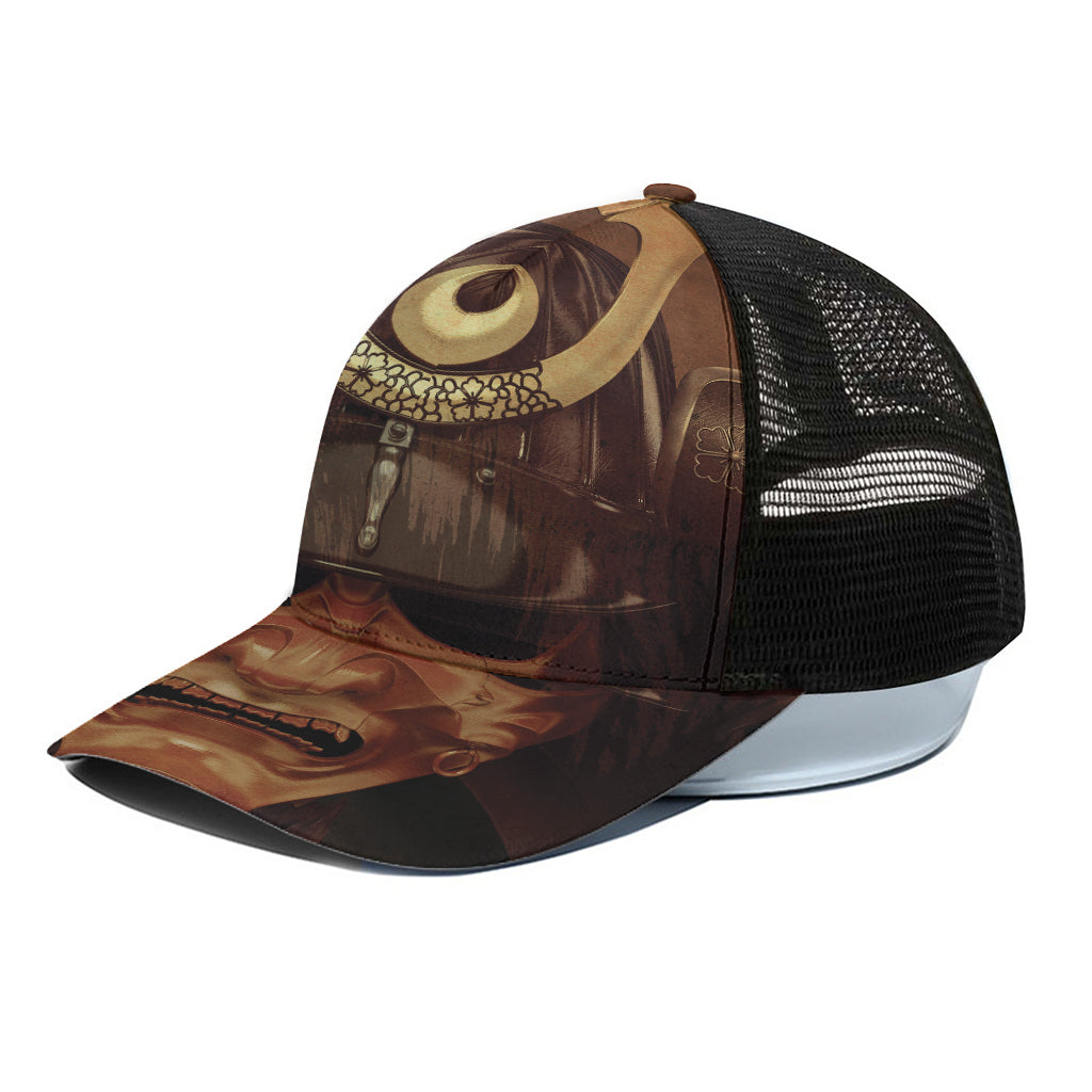 Old Japanese Samurai Mask Print Black Mesh Trucker Cap