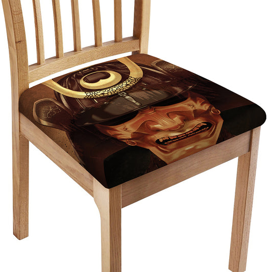 Old Japanese Samurai Mask Print Chair Cushion Cover
