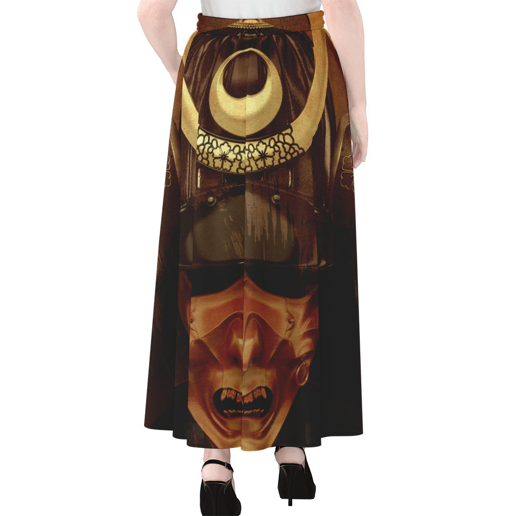 Old Japanese Samurai Mask Print Chiffon Maxi Skirt