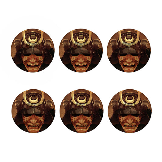 Old Japanese Samurai Mask Print Coaster Set