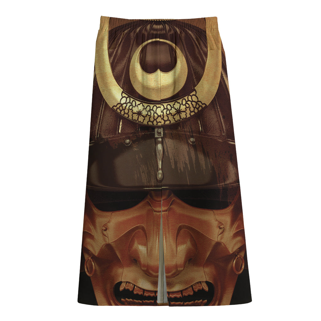 Old Japanese Samurai Mask Print Cotton Front Slit Maxi Skirt