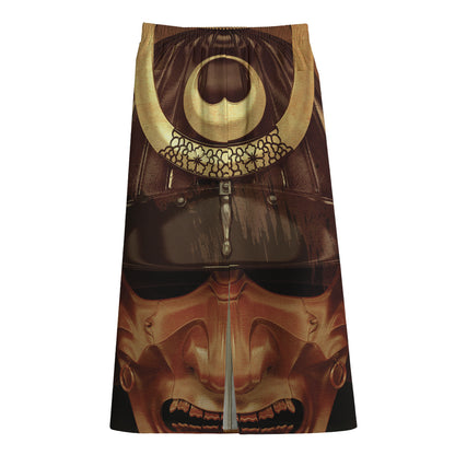 Old Japanese Samurai Mask Print Cotton Front Slit Maxi Skirt