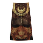 Old Japanese Samurai Mask Print Cotton Front Slit Maxi Skirt