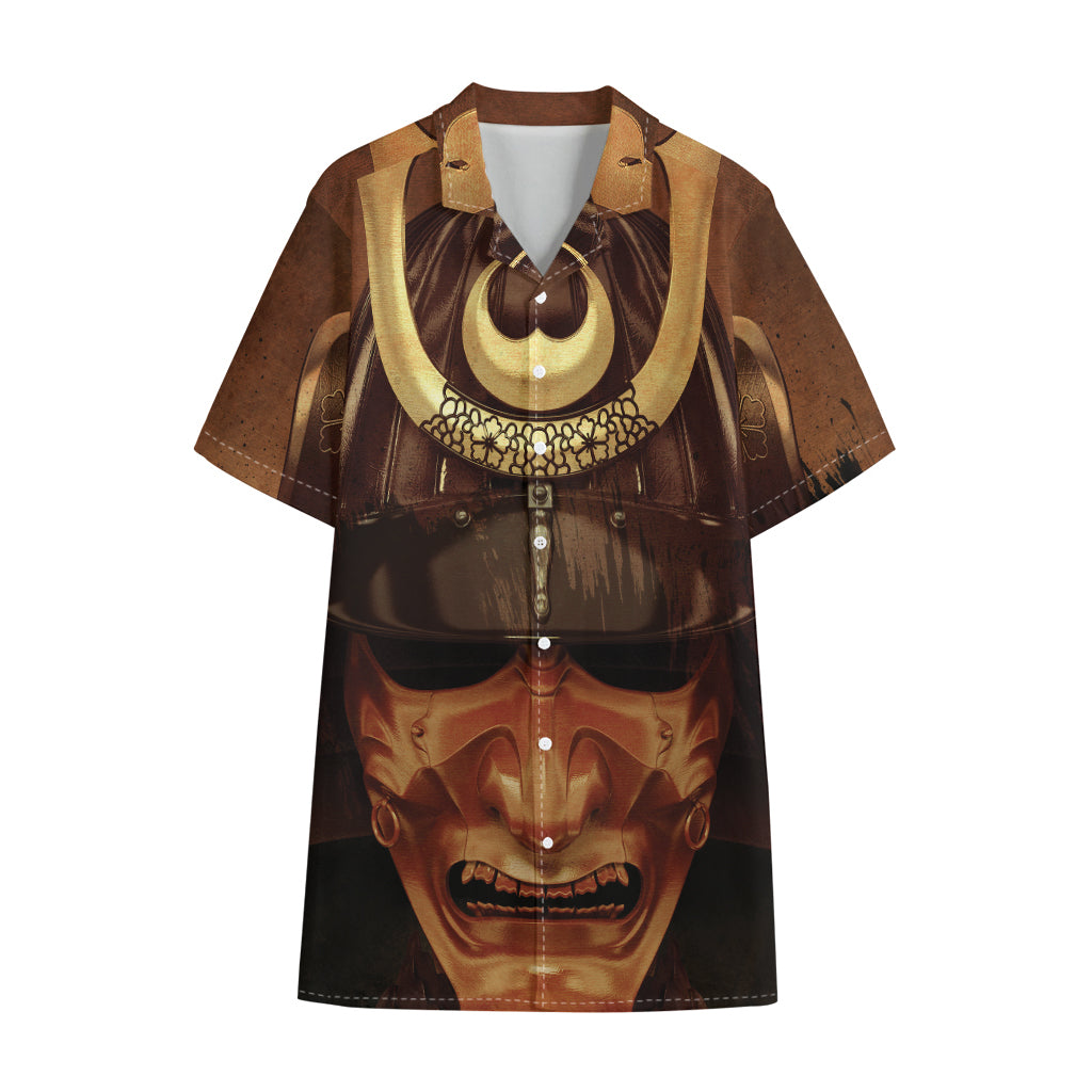Old Japanese Samurai Mask Print Cotton Hawaiian Shirt