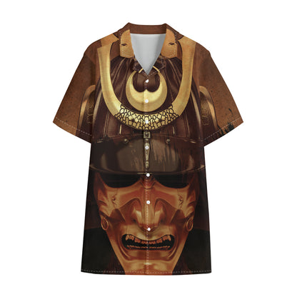 Old Japanese Samurai Mask Print Cotton Hawaiian Shirt