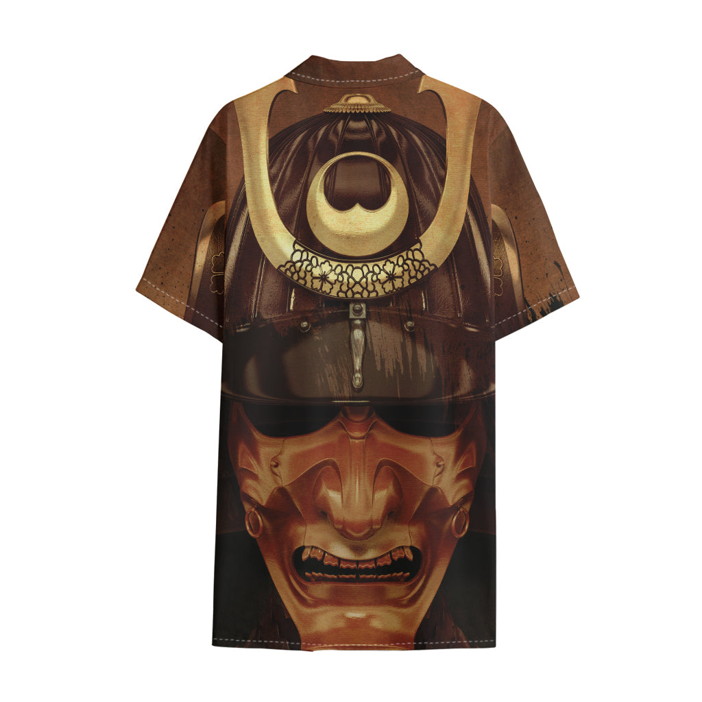 Old Japanese Samurai Mask Print Cotton Hawaiian Shirt