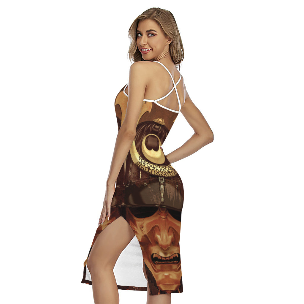 Old Japanese Samurai Mask Print Cross Back Cami Dress