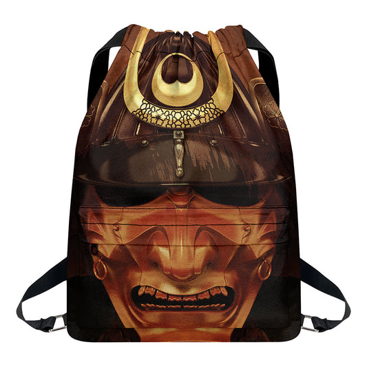 Old Japanese Samurai Mask Print Drawstring Backpack