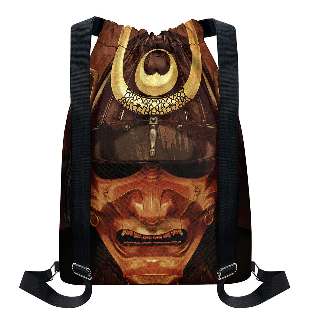 Old Japanese Samurai Mask Print Drawstring Backpack