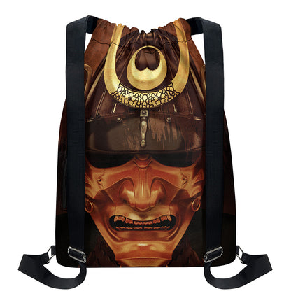 Old Japanese Samurai Mask Print Drawstring Backpack