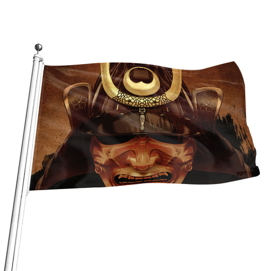 Old Japanese Samurai Mask Print Flag