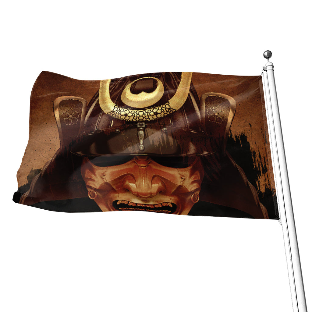 Old Japanese Samurai Mask Print Flag