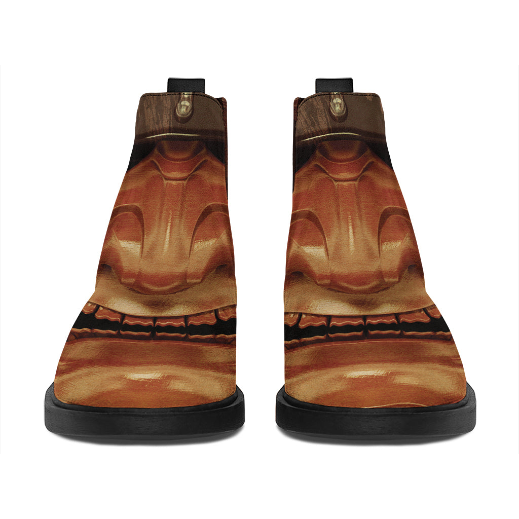 Old Japanese Samurai Mask Print Flat Ankle Boots