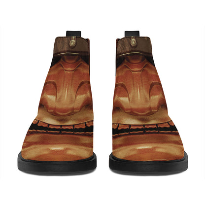 Old Japanese Samurai Mask Print Flat Ankle Boots