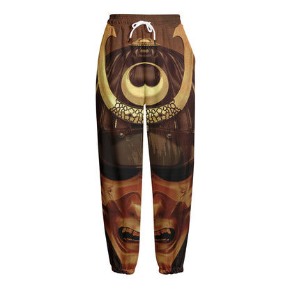 Old Japanese Samurai Mask Print Fleece Lined Knit Pants