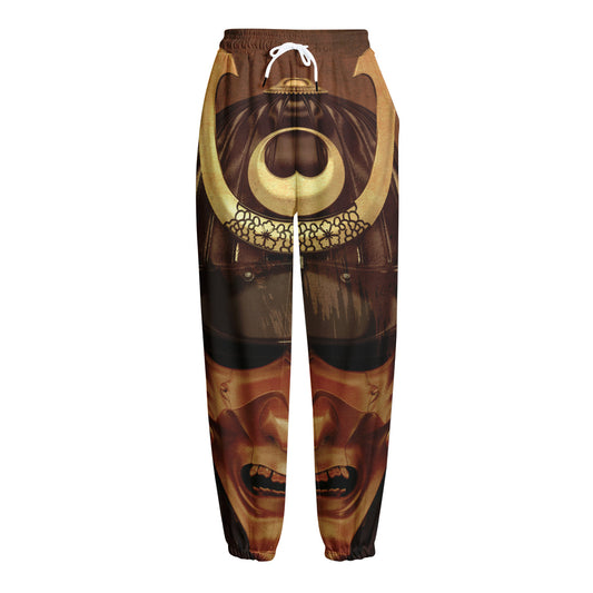 Old Japanese Samurai Mask Print Fleece Lined Knit Pants