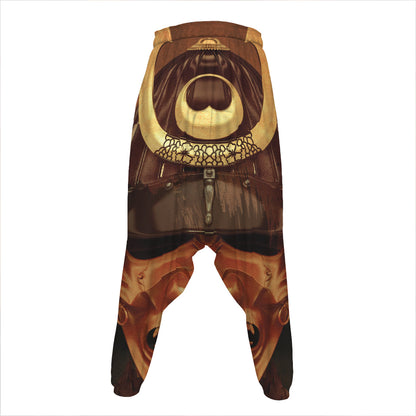 Old Japanese Samurai Mask Print Hammer Pants