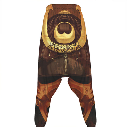 Old Japanese Samurai Mask Print Hammer Pants