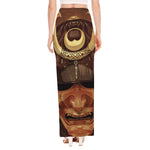 Old Japanese Samurai Mask Print High Slit Maxi Skirt