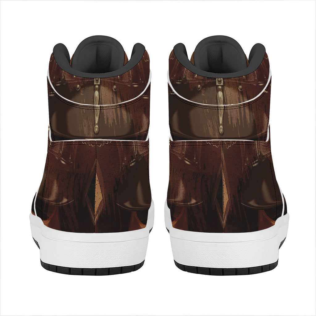 Old Japanese Samurai Mask Print High Top Leather Sneakers