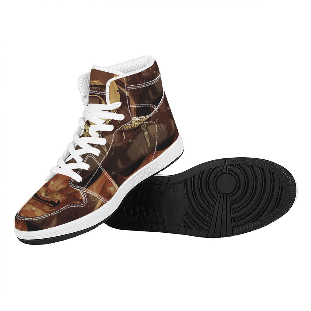 Old Japanese Samurai Mask Print High Top Leather Sneakers