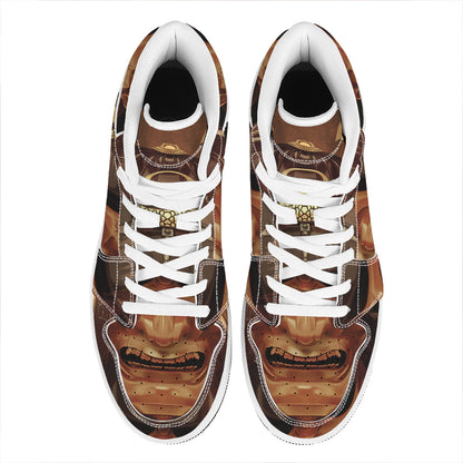 Old Japanese Samurai Mask Print High Top Leather Sneakers