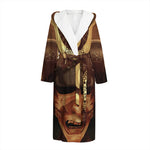 Old Japanese Samurai Mask Print Hooded Bathrobe