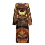 Old Japanese Samurai Mask Print Hooded Bathrobe