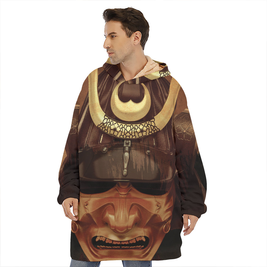 Old Japanese Samurai Mask Print Hoodie Blanket
