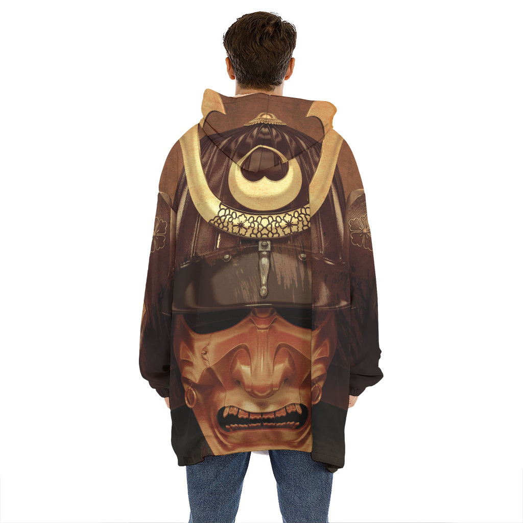 Old Japanese Samurai Mask Print Hoodie Blanket