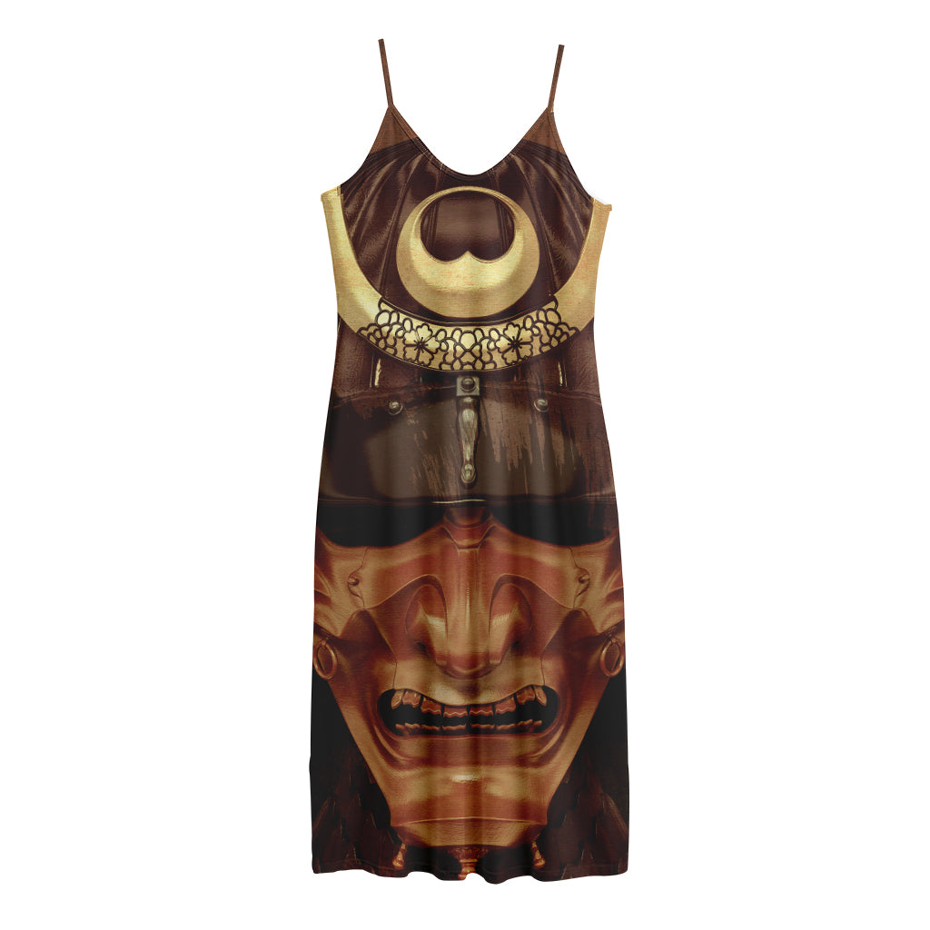 Old Japanese Samurai Mask Print Jersey Midi Cami Dress
