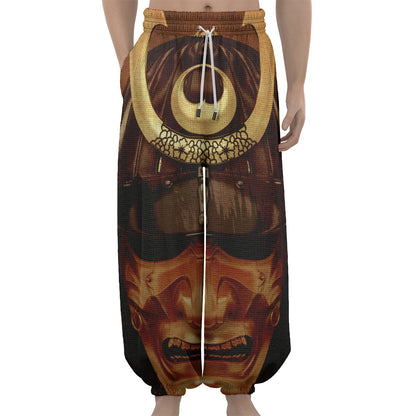 Old Japanese Samurai Mask Print Lantern Pants