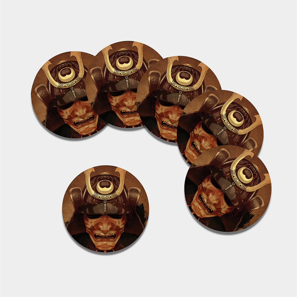 Old Japanese Samurai Mask Print Leather Coaster Set