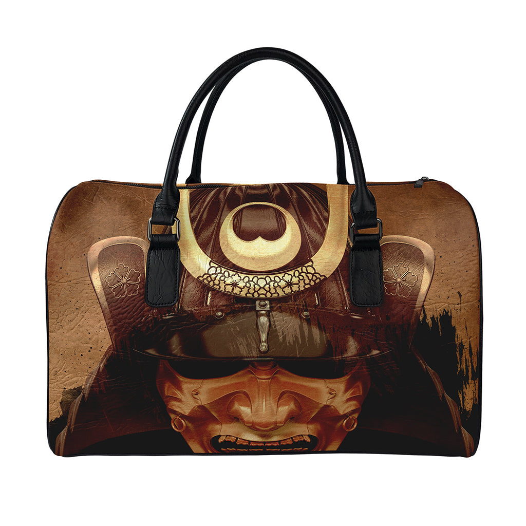Old Japanese Samurai Mask Print Leather Duffle Bag