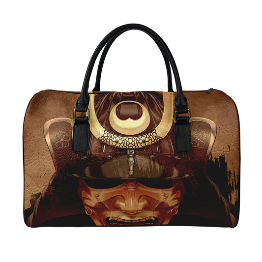 Old Japanese Samurai Mask Print Leather Duffle Bag