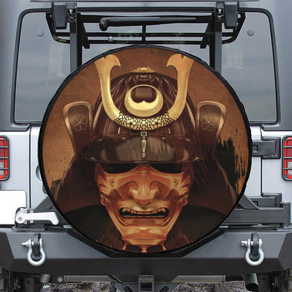Old Japanese Samurai Mask Print Leather Spare Tire Cover
