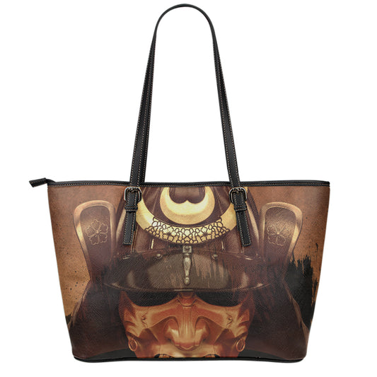 Old Japanese Samurai Mask Print Leather Tote Bag