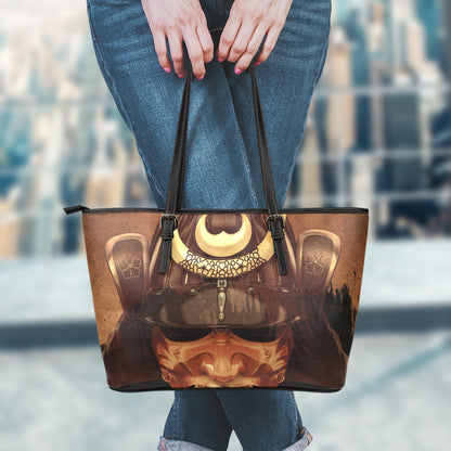 Old Japanese Samurai Mask Print Leather Tote Bag