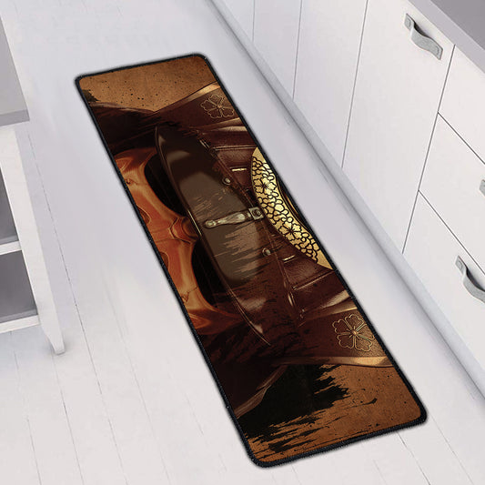 Old Japanese Samurai Mask Print Long Kitchen Mat