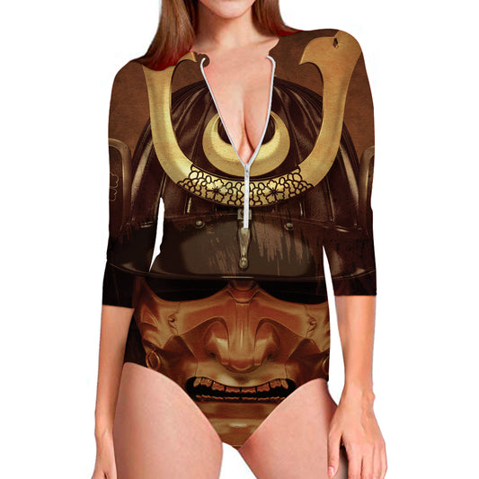 Old Japanese Samurai Mask Print Long Sleeve Swimsuit