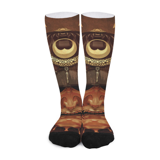 Old Japanese Samurai Mask Print Long Socks