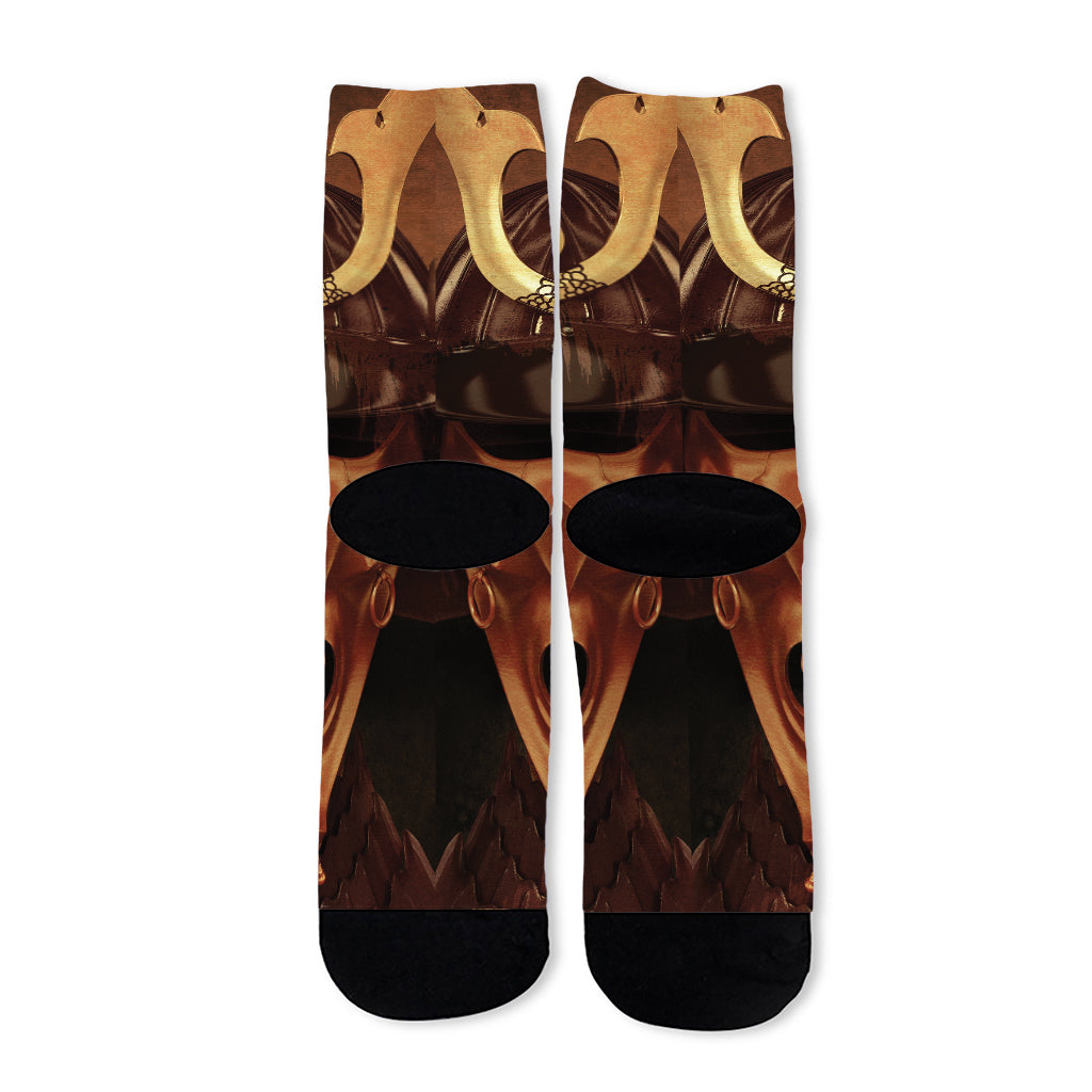 Old Japanese Samurai Mask Print Long Socks