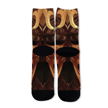 Old Japanese Samurai Mask Print Long Socks