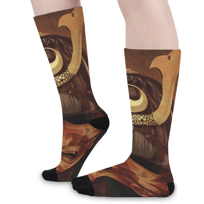 Old Japanese Samurai Mask Print Long Socks