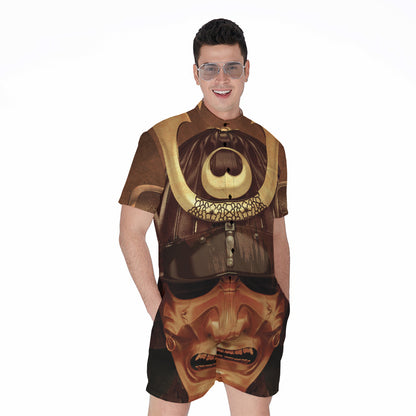 Old Japanese Samurai Mask Print Men's Rompers